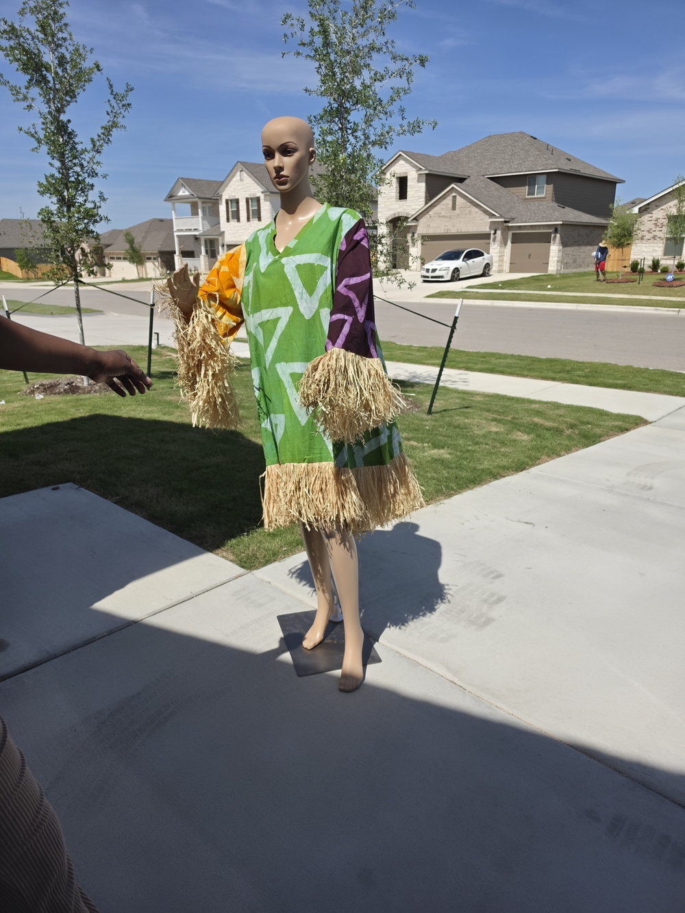 Colorblock Fringe Tunic Dress with Raffia Trim - Green, Yellow, Purple